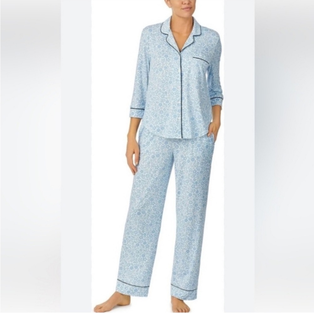 Kate Spade Pajama Set Blue Floral Classic Capri Short Sleeve Super Soft Sz L